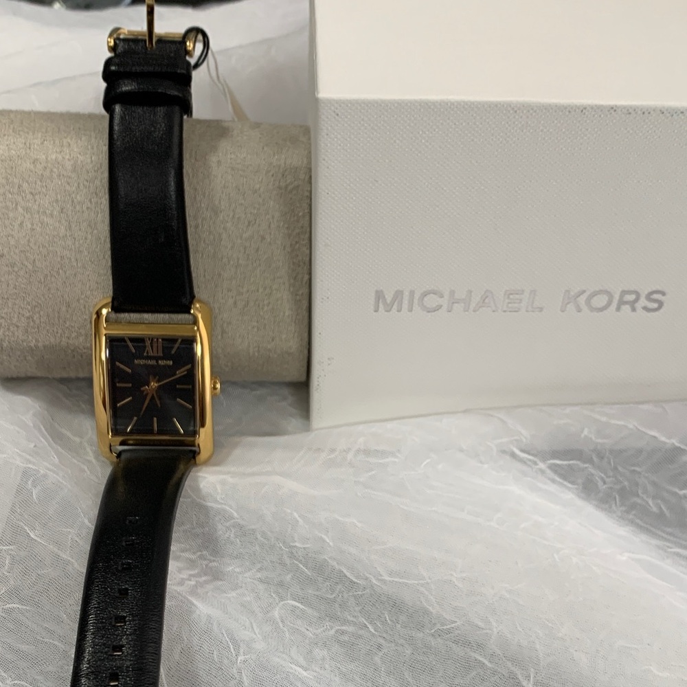 Michael Kors Black Leather Strap Gold-Tone Rectangular Watch